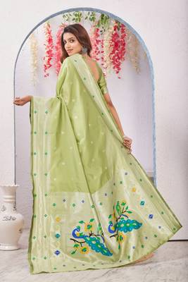 parrot green art silk jacuard work designer party wear saree with unstitched blouse piece 3