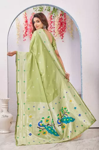 parrot green art silk jacuard work designer party wear saree with unstitched blouse piece