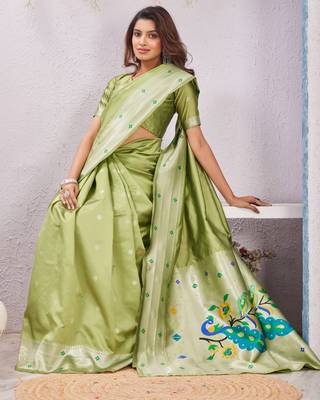 parrot green art silk jacuard work designer party wear saree with unstitched blouse piece 4