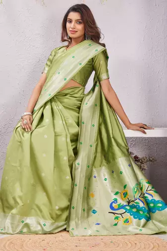parrot green art silk jacuard work designer party wear saree with unstitched blouse piece