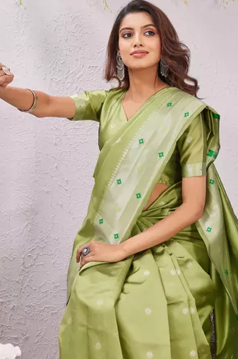 parrot green art silk jacuard work designer party wear saree with unstitched blouse piece