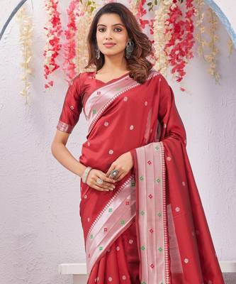 red art silk jacuard work designer party wear saree with unstitched blouse piece 2