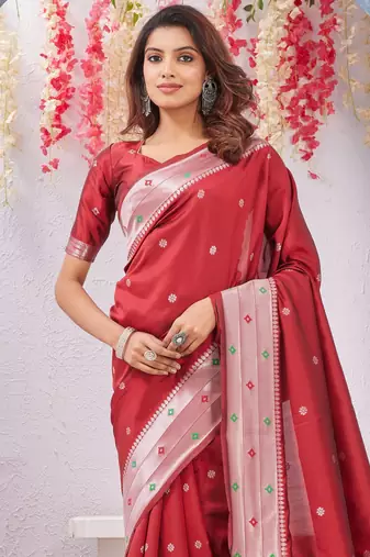 red art silk jacuard work designer party wear saree with unstitched blouse piece