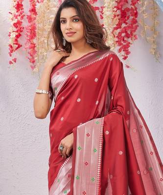red art silk jacuard work designer party wear saree with unstitched blouse piece 3