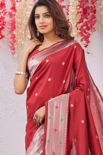 red art silk jacuard work designer party wear saree with unstitched blouse piece