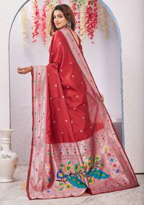 red art silk jacuard work designer party wear saree with unstitched blouse piece 4