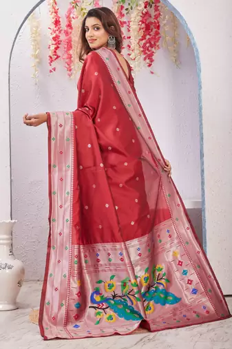 red art silk jacuard work designer party wear saree with unstitched blouse piece