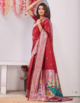 red art silk jacuard work designer party wear saree with unstitched blouse piece 1