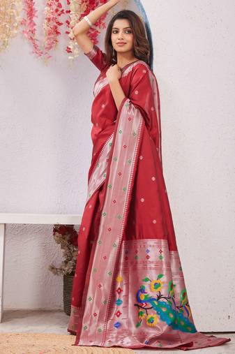 red art silk jacuard work designer party wear saree with unstitched blouse piece