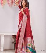 red art silk jacuard work designer party wear saree with unstitched blouse piece