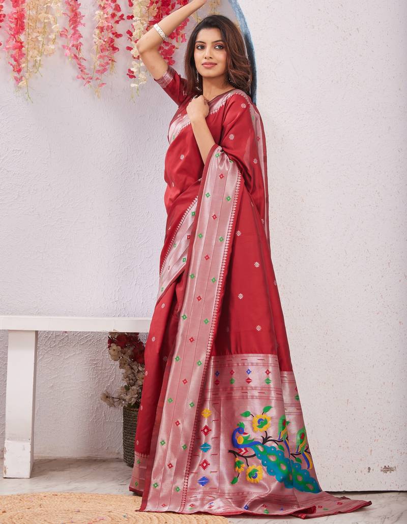 red art silk jacuard work designer party wear saree with unstitched blouse piece