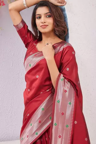 red art silk jacuard work designer party wear saree with unstitched blouse piece