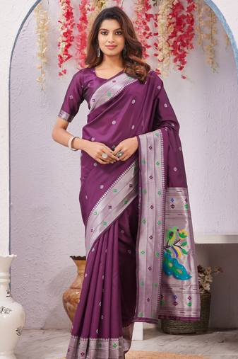 wine art silk jacuard work designer party wear saree with unstitched blouse piece