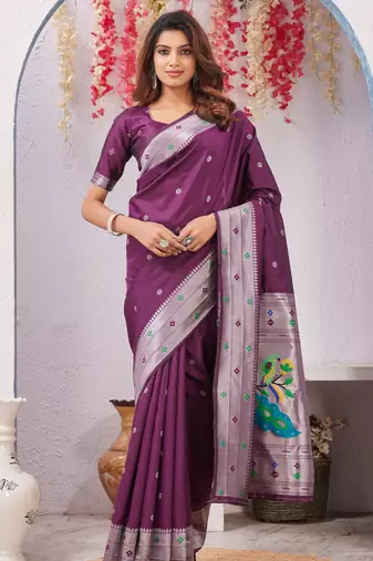 wine art silk jacuard work designer party wear saree with unstitched blouse piece