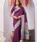 wine art silk jacuard work designer party wear saree with unstitched blouse piece