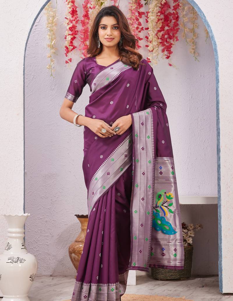wine art silk jacuard work designer party wear saree with unstitched blouse piece