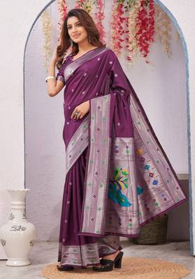 wine art silk jacuard work designer party wear saree with unstitched blouse piece 2