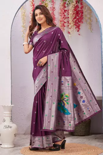 wine art silk jacuard work designer party wear saree with unstitched blouse piece