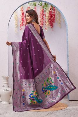 wine art silk jacuard work designer party wear saree with unstitched blouse piece 3