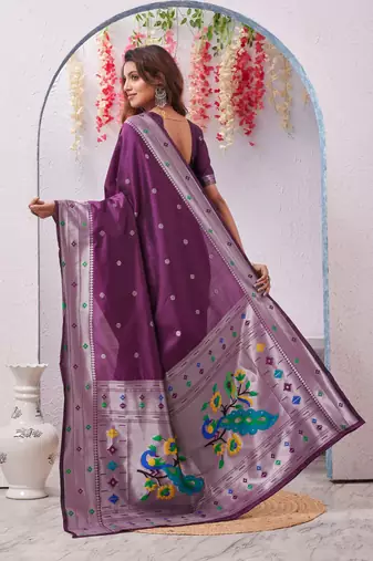 wine art silk jacuard work designer party wear saree with unstitched blouse piece