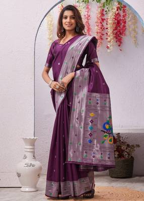 wine art silk jacuard work designer party wear saree with unstitched blouse piece 4