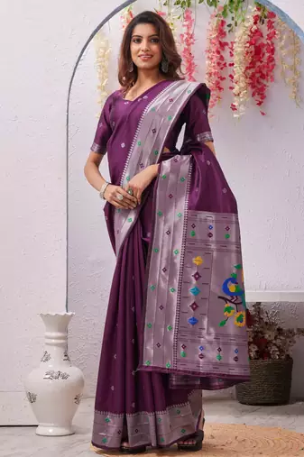 wine art silk jacuard work designer party wear saree with unstitched blouse piece