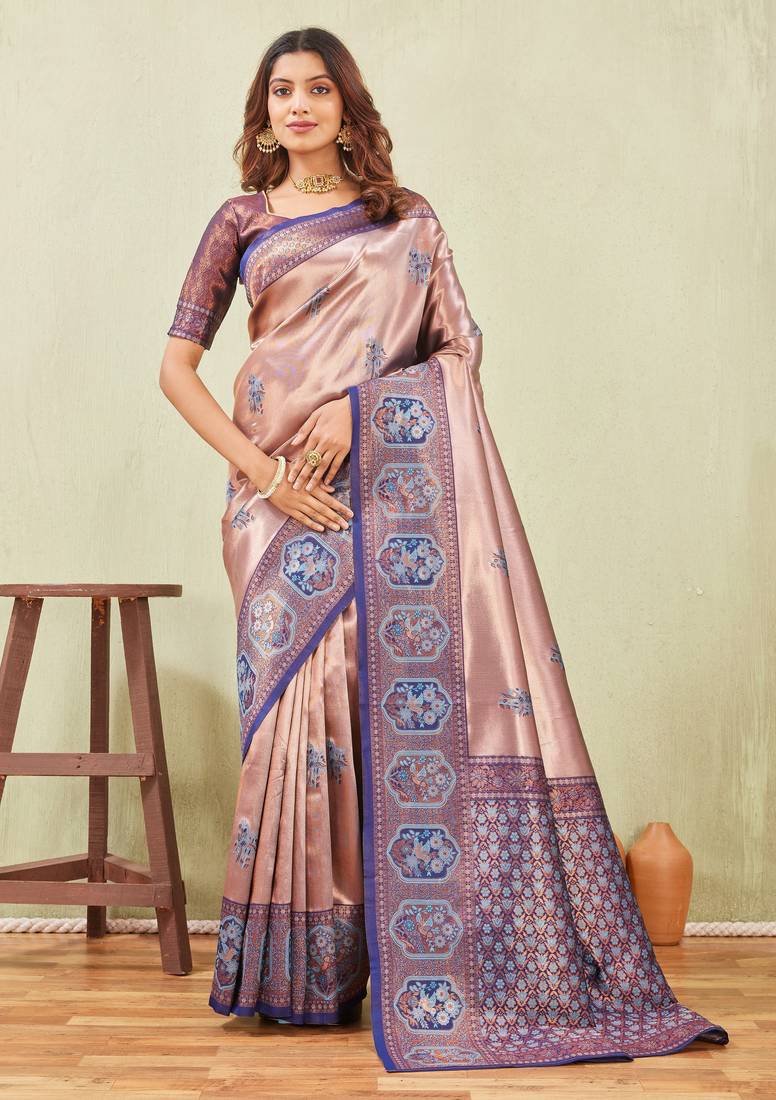 blue rama art silk jacuard work designer party wear saree with unstitched blouse piece