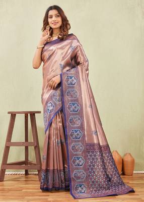 blue rama art silk jacuard work designer party wear saree with unstitched blouse piece 2