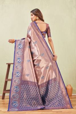 blue rama art silk jacuard work designer party wear saree with unstitched blouse piece 3