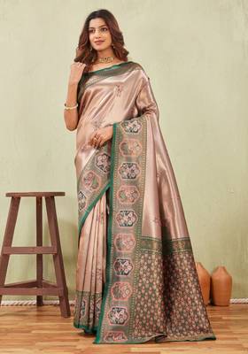 green gajri art silk jacuard work designer party wear saree with unstitched blouse piece 1