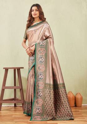green gajri art silk jacuard work designer party wear saree with unstitched blouse piece 2