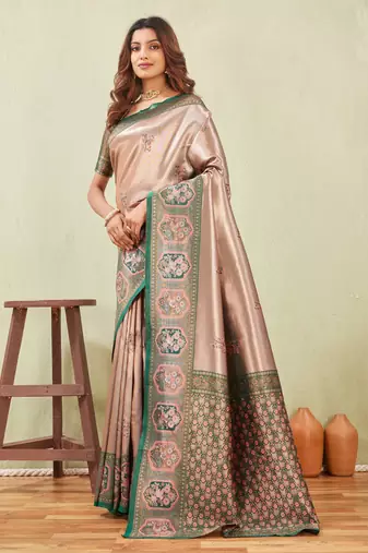 green gajri art silk jacuard work designer party wear saree with unstitched blouse piece