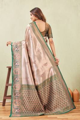 green gajri art silk jacuard work designer party wear saree with unstitched blouse piece 3