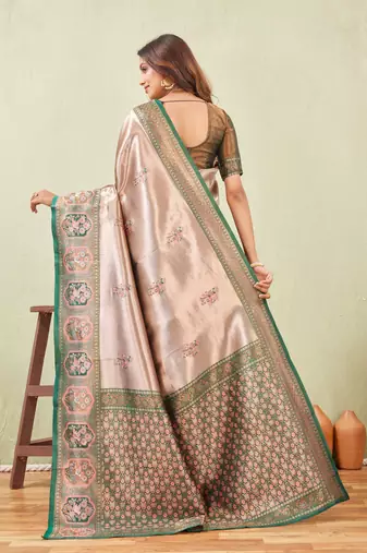 green gajri art silk jacuard work designer party wear saree with unstitched blouse piece