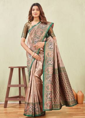 green gajri art silk jacuard work designer party wear saree with unstitched blouse piece 4