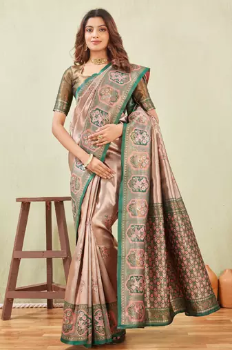 green gajri art silk jacuard work designer party wear saree with unstitched blouse piece