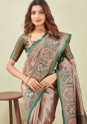 green gajri art silk jacuard work designer party wear saree with unstitched blouse piece 5
