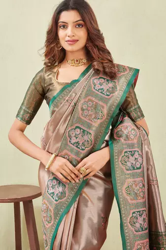 green gajri art silk jacuard work designer party wear saree with unstitched blouse piece
