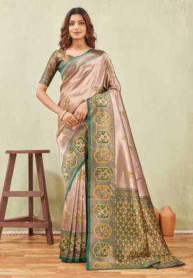 green gold art silk jacuard work designer party wear saree with unstitched blouse piece 1