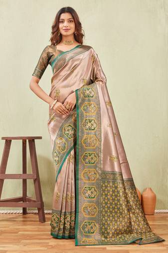 green gold art silk jacuard work designer party wear saree with unstitched blouse piece