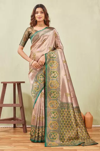 green gold art silk jacuard work designer party wear saree with unstitched blouse piece