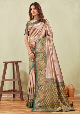green gold art silk jacuard work designer party wear saree with unstitched blouse piece 2