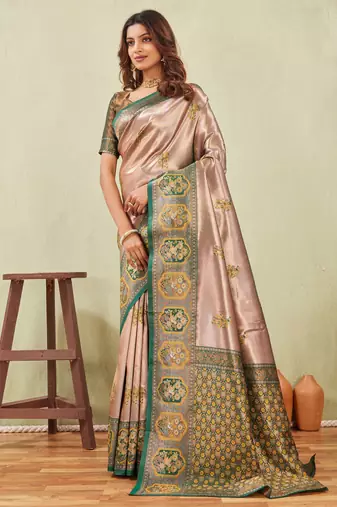 green gold art silk jacuard work designer party wear saree with unstitched blouse piece