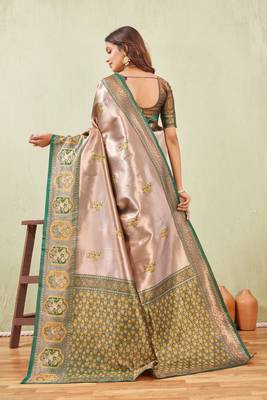 green gold art silk jacuard work designer party wear saree with unstitched blouse piece 3