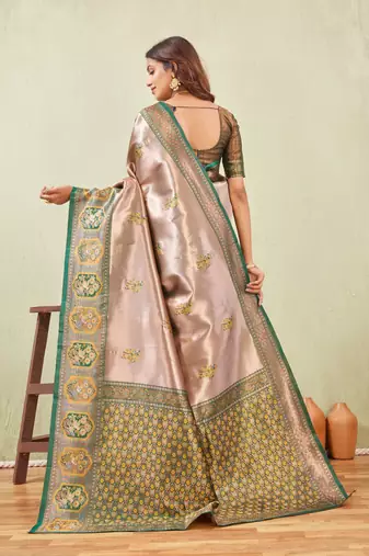 green gold art silk jacuard work designer party wear saree with unstitched blouse piece