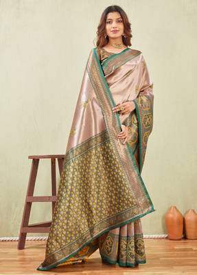 green gold art silk jacuard work designer party wear saree with unstitched blouse piece 4
