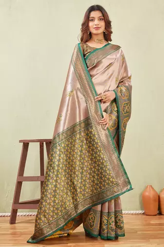 green gold art silk jacuard work designer party wear saree with unstitched blouse piece