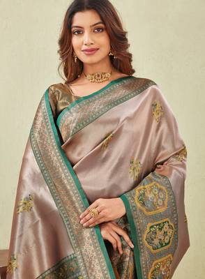 green gold art silk jacuard work designer party wear saree with unstitched blouse piece 5