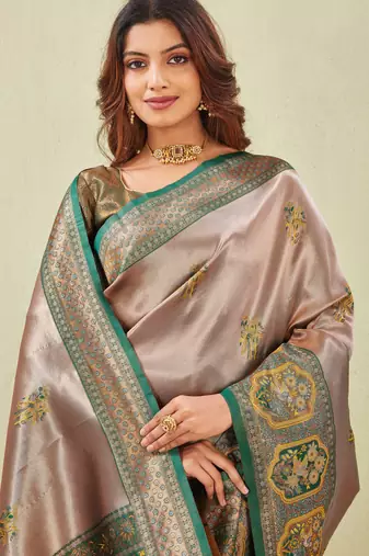 green gold art silk jacuard work designer party wear saree with unstitched blouse piece