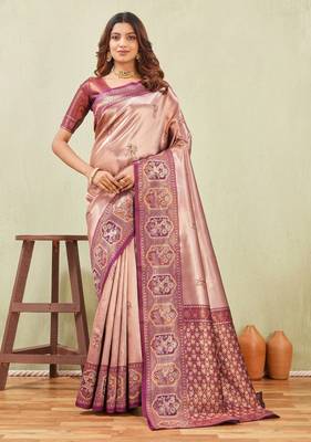 wine beige art silk jacuard work designer party wear saree with unstitched blouse piece 1